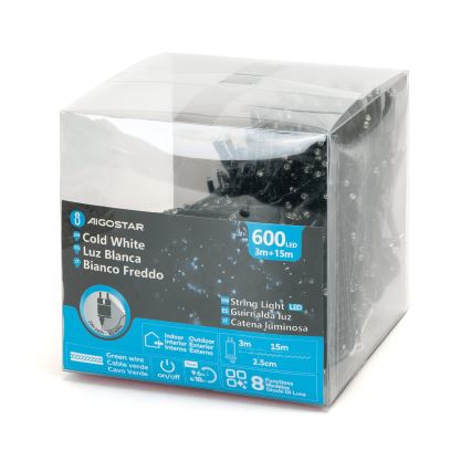 Aigostar - LED vanjski božićni lanac 600xLED/8 funkcija 18m IP44 hladno bijela