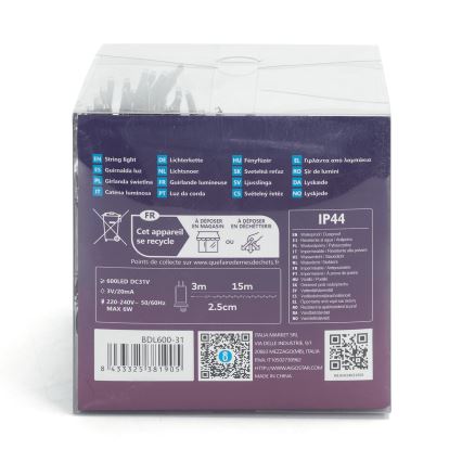 Aigostar - LED vanjski božićni lanac 600xLED/8 funkcija 18m IP44 hladno bijela