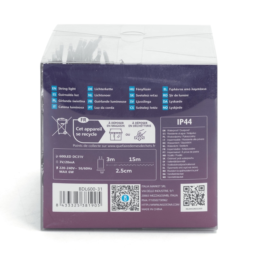 Aigostar - LED vanjski božićni lanac 600xLED/8 funkcija 18m IP44 hladno bijela