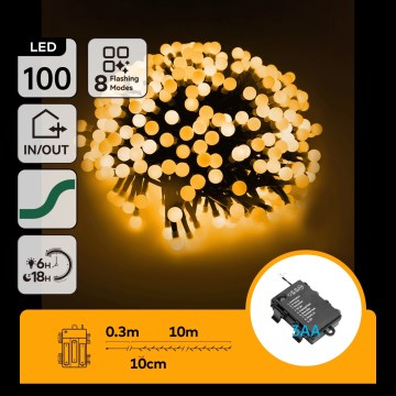 Aigostar - LED vanjski božićni niz 100 LED/8 funkcija 3xAA 10,3 m IP44 topla bijela