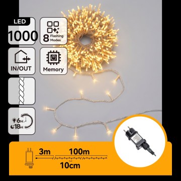 Aigostar - LED vanjski božićni niz 1000xLED/8 funkcija 103m IP44 topla bijela
