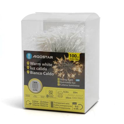 Aigostar - LED Vanjski božićni niz 100xLED/8 funkcija 3xAA 10m IP44 topla bijela zvijezde