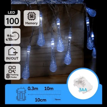 Aigostar - LED vanjski božićni niz 100xLED/8 funkcija 3xAA 10m IP44 hladno bijele kapljice