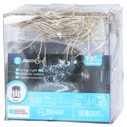 Aigostar - LED Vanjski božićni niz 100xLED/8 funkcija 3xAA 3,3m IP44 hladno bijela