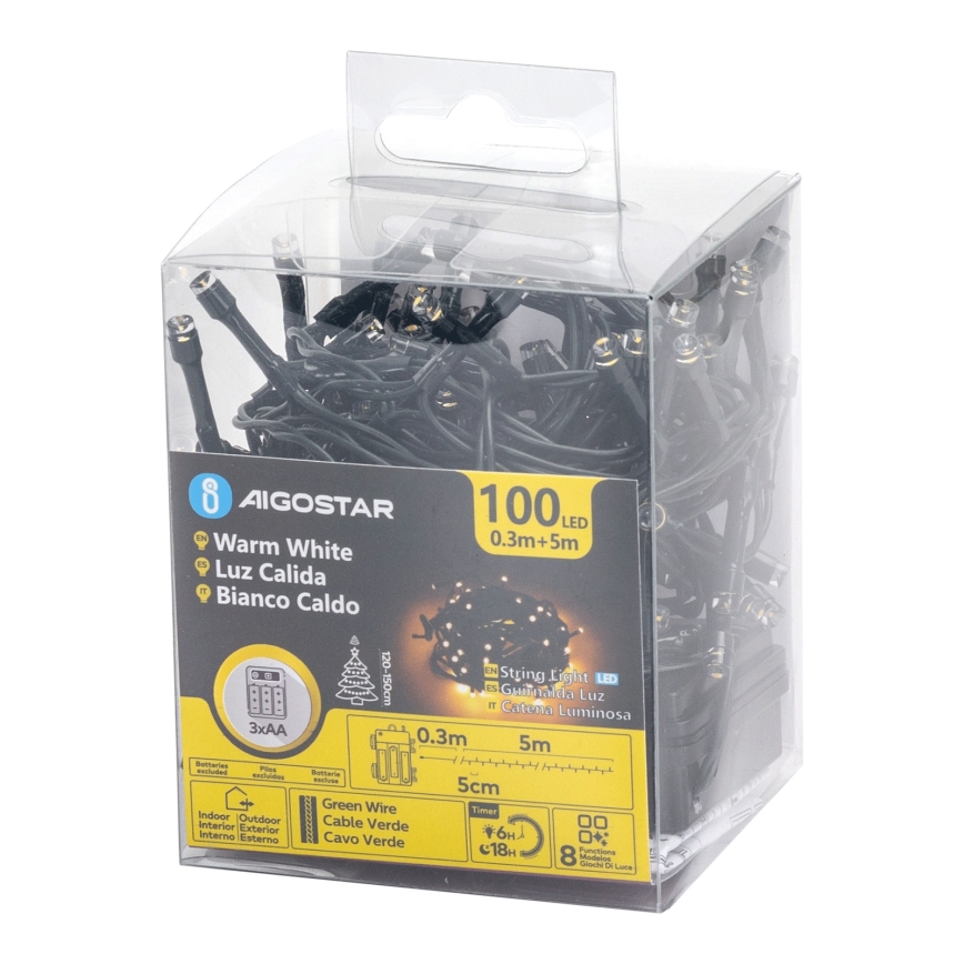 Aigostar - Vanjski božićni LED niz 100 LED/8 funkcija, 3xAA, 5,3 m, IP44, topla bijela