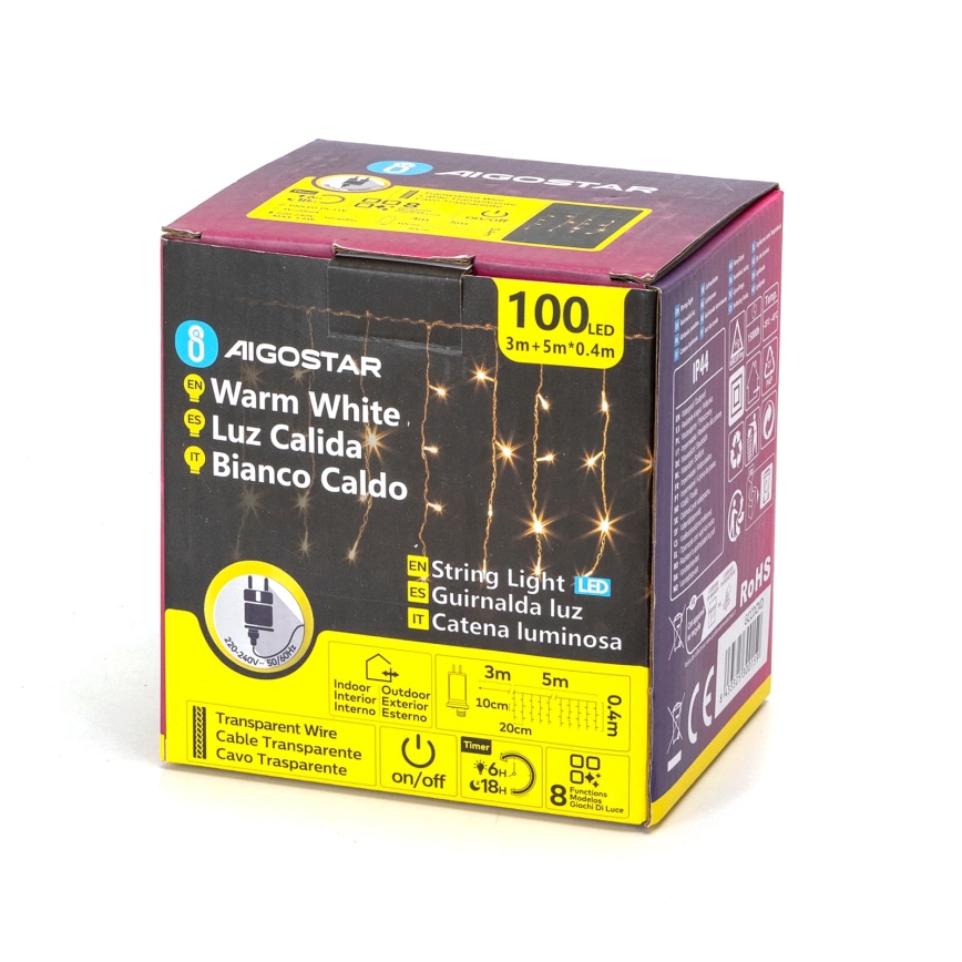 Aigostar - LED vanjski božićni niz 100xLED/8 funkcija 8x0,4m IP44 topla bijela