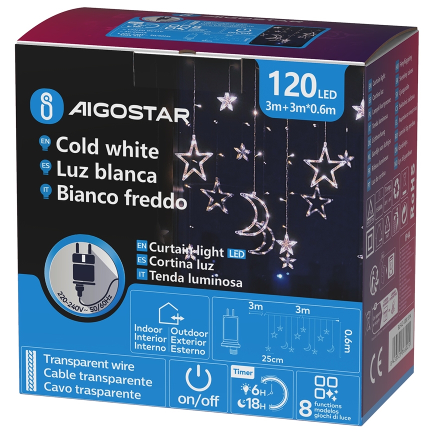 Aigostar - LED vanjski božićni niz 120 LED/6 W/230 V/8 funkcija/3 x 0,6 m/IP44/hladno bijela + s daljinskim upravljačem