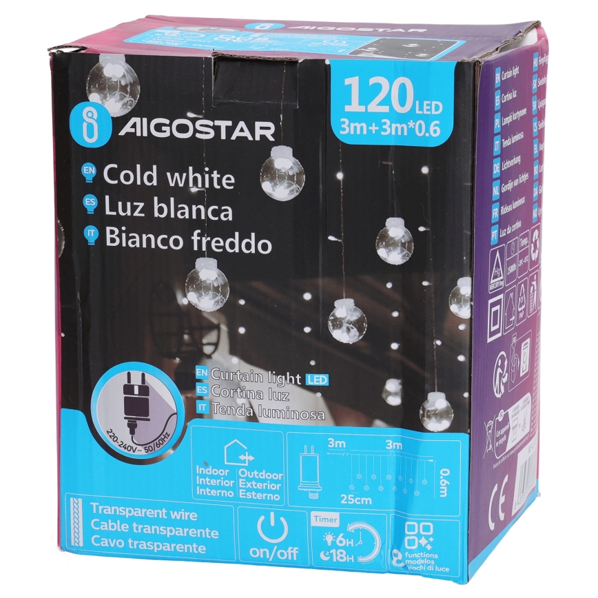 Aigostar - LED Vanjski božićni svjetlosni niz 120xLED/8 funkcija 3x0,6m IP44 hladno bijela + daljinski upravljač