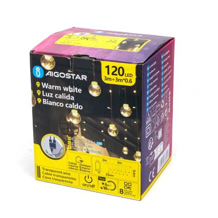 Aigostar - LED vanjski svjetlosni niz 120xLED/8 funkcija 3x0,6m IP44 topla bijela + daljinski upravljač