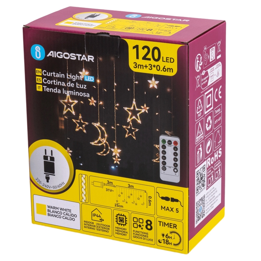 Aigostar - LED vanjski božićni niz 120xLED/6W/230V/8 funkcija 3x0,6m IP44 topla bijela + daljinski upravljač