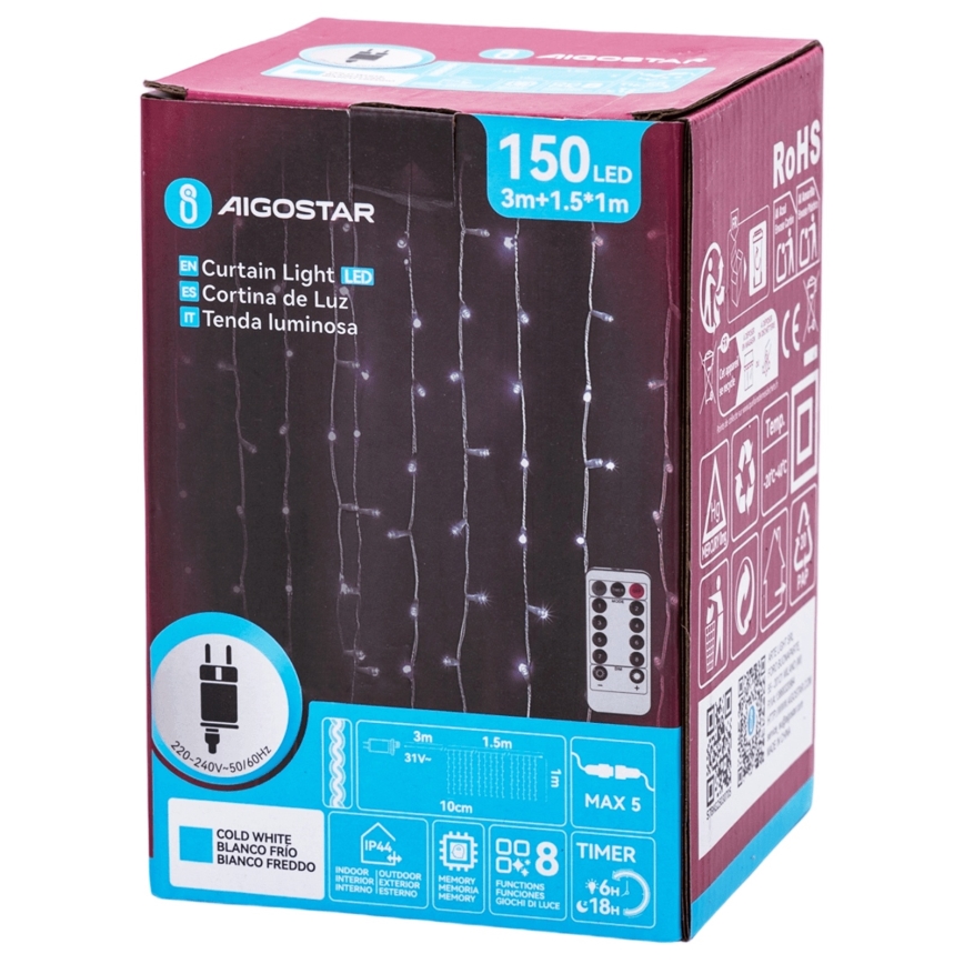 Aigostar - LED vanjski božićni niz 150xLED/6W/230V/8 funkcija 1,5x1m IP44 hladna bijela + daljinsko upravljanje