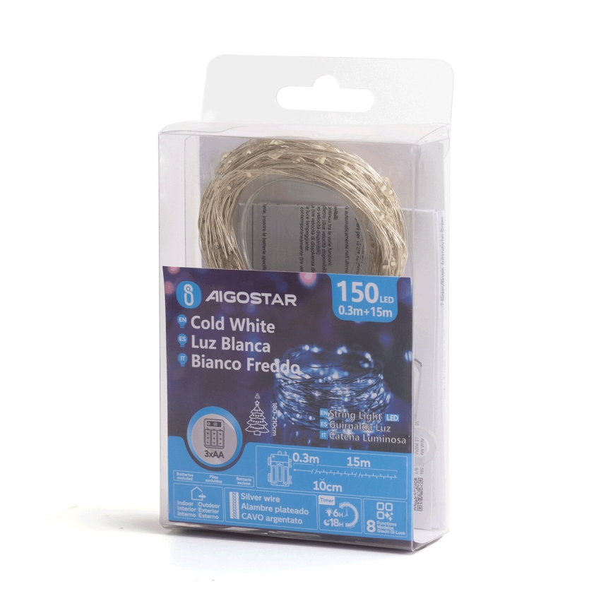 Aigostar - LED vanjske božićne lampice 150xLED/8 funkcija/3xAA 15,3m IP44 hladno bijela