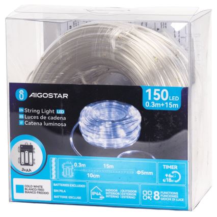 Aigostar - LED vanjska božićna svjetla 150xLED/8 funkcija 3xAA 15,3m IP44 hladno bijela