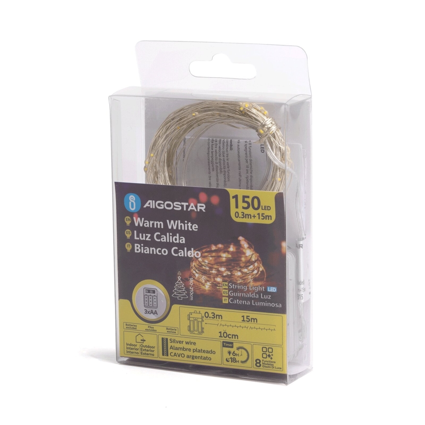 Aigostar -LED Vanjski božićni niz 150xLED/8 funkcija 3xAA 15,3m IP44 topla bijela