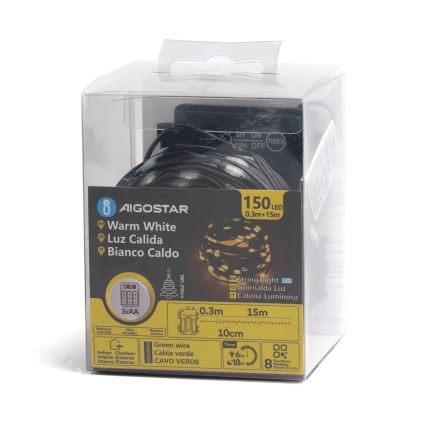 Aigostar -LED Vanjski božićni niz 150xLED/8 funkcija 3xAA 15,3m IP44 topla bijela