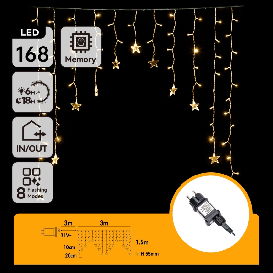 Aigostar - LED vanjski božićni niz 168xLED/8 funkcija 3x1,5m IP44 tople bijele zvijezde