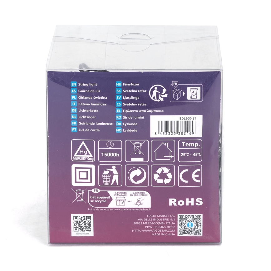 Aigostar - LED vanjski božićni niz 200 LED/8 funkcija 13 m IP44 topla bijela