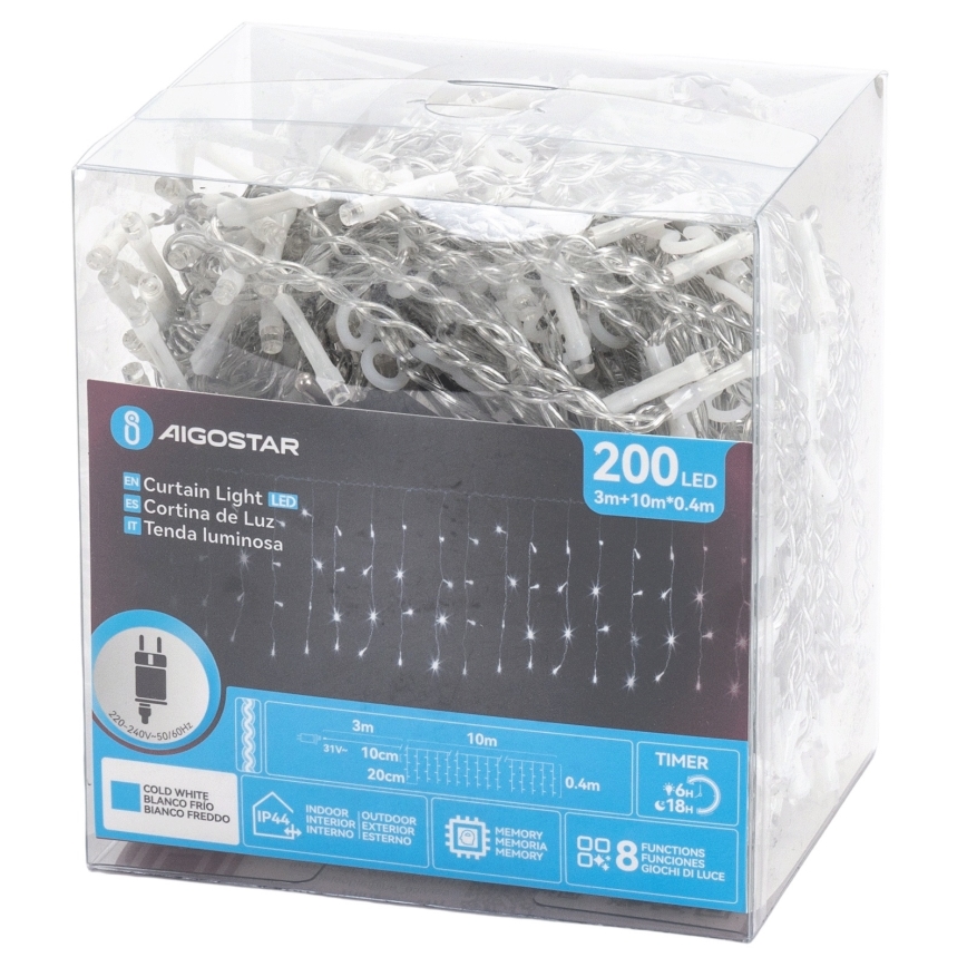 Aigostar - LED vanjski božićni lanac 200xLED/3,6W/230V/8 funkcija 10x0,4m IP44 hladno bijela
