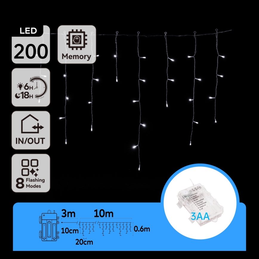 Aigostar - LED vanjski božićni niz 200xLED/8 funkcija 3xAA 13x0,6m IP44 hladna bijela