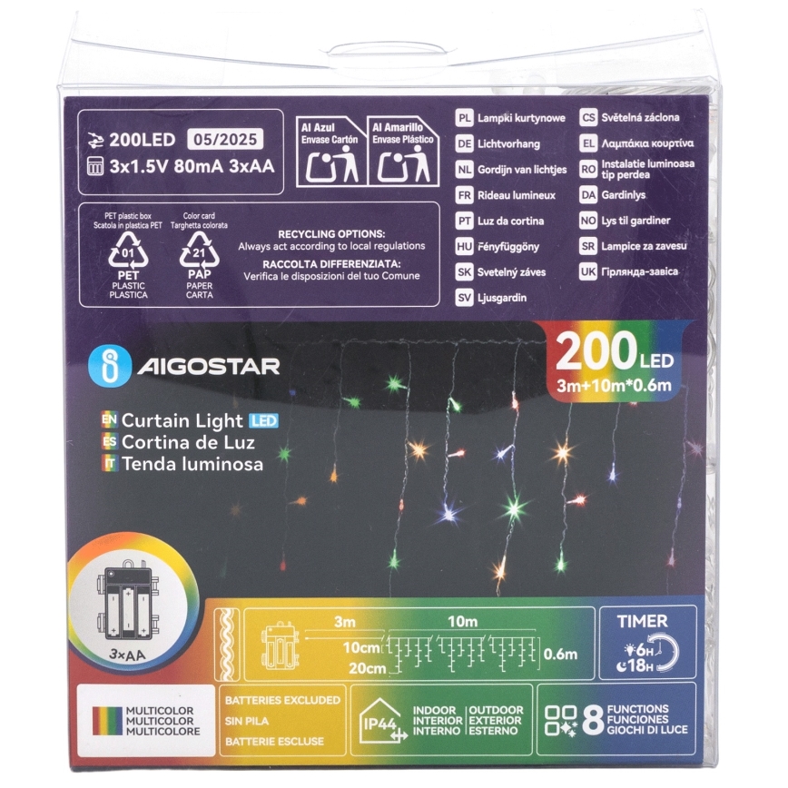Aigostar - LED vanjski božićni lanac 200xLED/8 funkcija 3xAA 13x0,6 m IP44 višebojno
