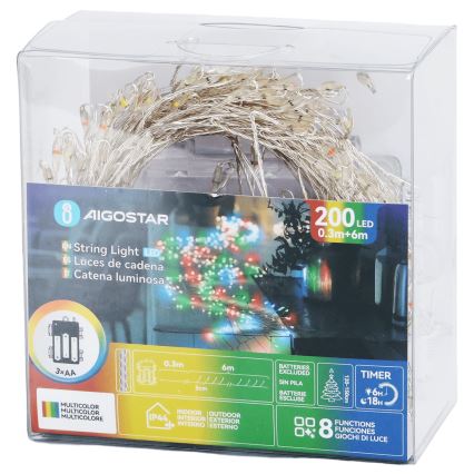 Aigostar - LED vanjski božićni niz 200xLED/8 funkcija 3xAA 6,3m IP44 višebojno