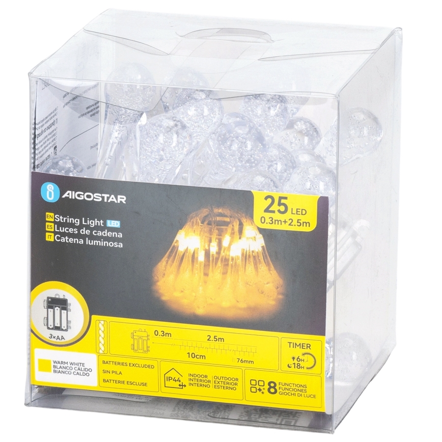 Aigostar - LED vanjski božićni niz 25x LED / 8 funkcija, 3x AA, 2,5 m, IP44, toplo bijela, u obliku kapljica