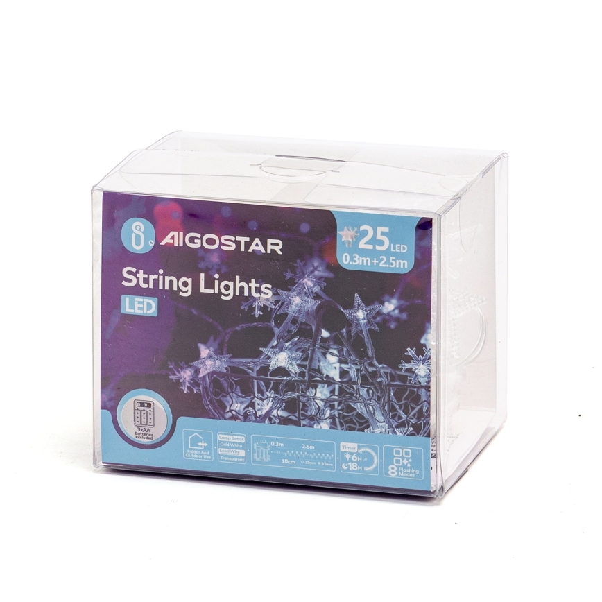 Aigostar - LED vanjski  lanac 25xLED/8 funkcija 3xAA 2,5 m IP44 hladno bijela