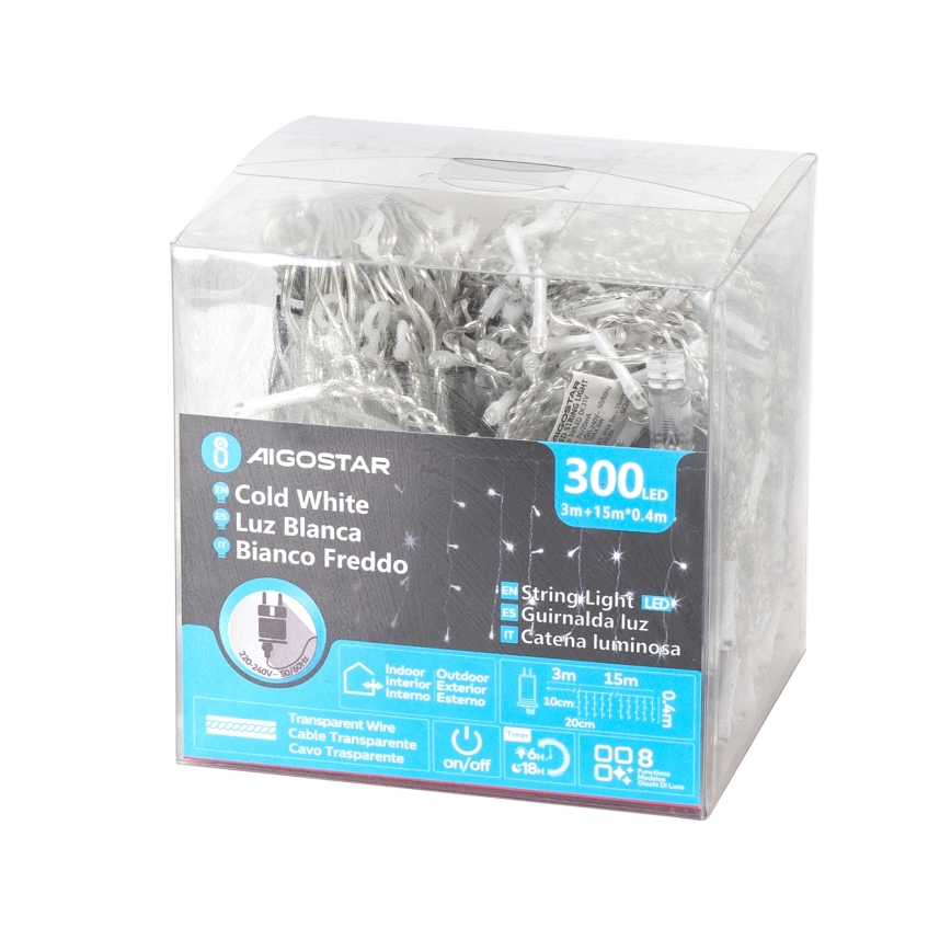 Aigostar - LED vanjski božićni niz 300xLED/6W/230V/8 funkcija 15x0,4m IP44 hladno bijela