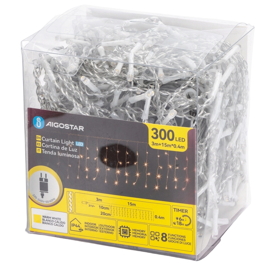 Aigostar - LED božićna svjetlosna girlanda za vanjsku upotrebu 300xLED/8 funkcija 15x0,4 m IP44 topla bijela