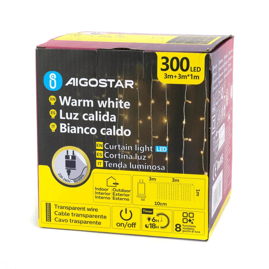 Aigostar - LED vanjski božićni lanac 300xLED/8 funkcija 3x1m IP44 topla bijela + daljinski upravljač