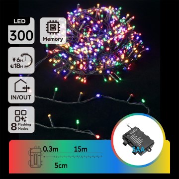Aigostar -LED vanjski božićni niz 300xLED/8 funkcija 3xAA 15,3m IP44 višebojno