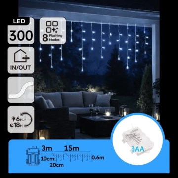 Aigostar - LED vanjski božićni niz 300xLED/8 funkcija 3xAA 18x0,6 m IP44 hladna bijela