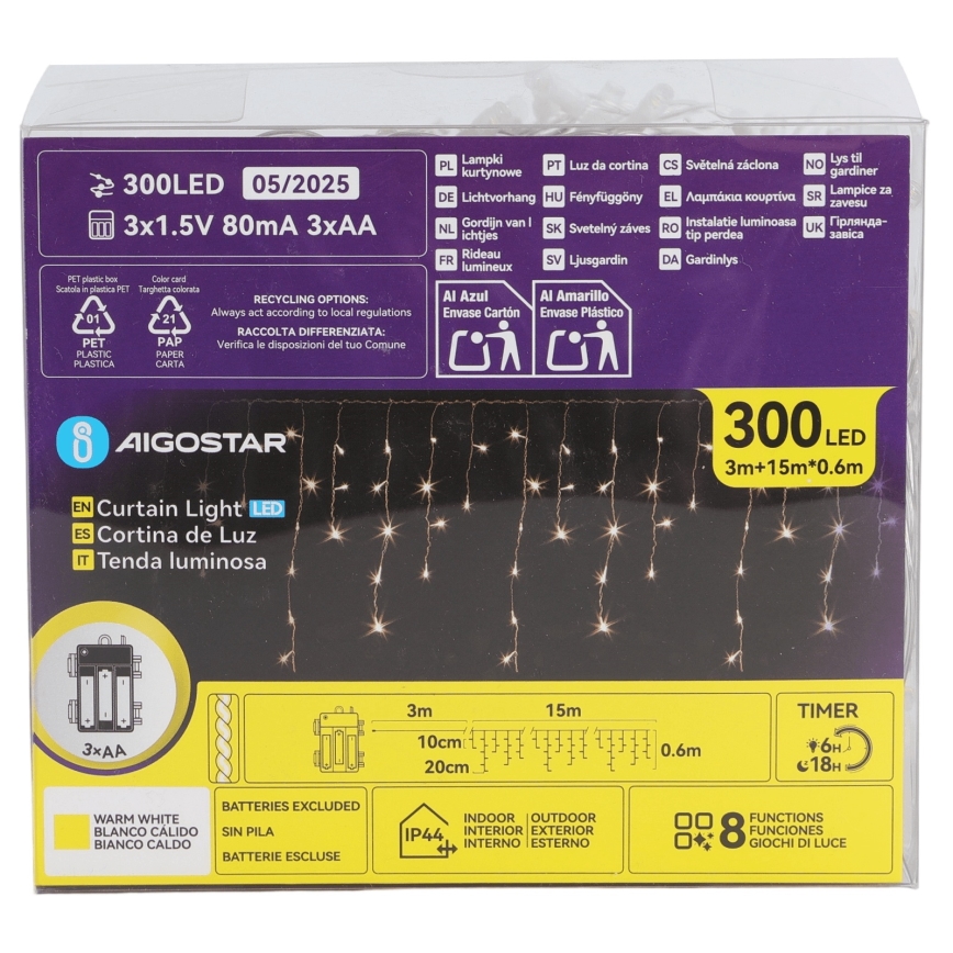 Aigostar - LED vanjski božićni niz 300xLED/8 funkcija 3xAA 18x0,6 m IP44 topla bijela