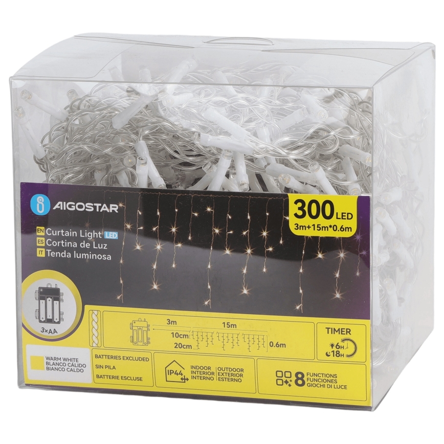 Aigostar - LED vanjski božićni niz 300xLED/8 funkcija 3xAA 18x0,6 m IP44 topla bijela