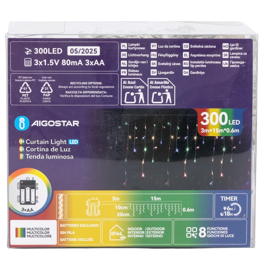 Aigostar - LED vanjski božićni niz 300xLED/8 funkcija 3xAA 18x0,6 m IP44 višebojno