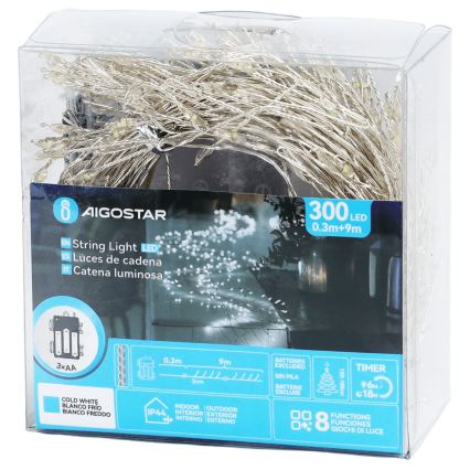 Aigostar - LED Vanjski božićni lanac 300xLED/8 funkcija 3xAA 9,3m IP44 hladno bijela