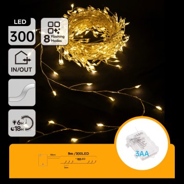 Aigostar - LED vanjski božićni niz 300xLED/8 funkcija 3xAA 9,3m IP44 topla bijela