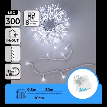 Aigostar - LED vanjski božićni niz 300xLED/8 funkcija 4xAA 30m IP44 hladno bijela