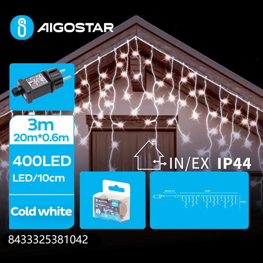 Aigostar - LED vanjski božićni niz 400 LED/8 funkcija 23 x 0,6 m IP44 hladno bijela