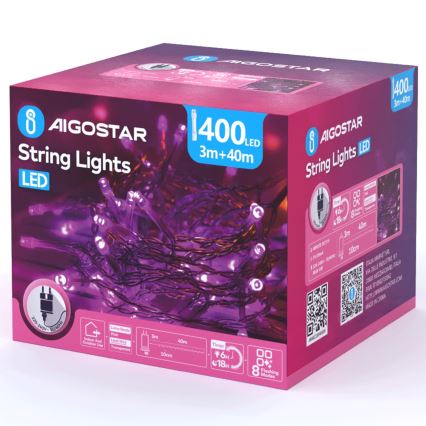Aigostar - LED vanjski božićni niz 400 LED / 8 funkcija, 43 m, IP44, ružičasta