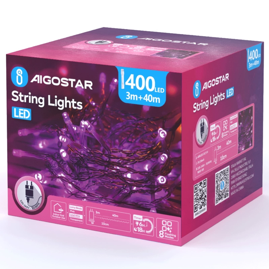 Aigostar - LED vanjski božićni niz 400 LED / 8 funkcija, 43 m, IP44, ružičasta