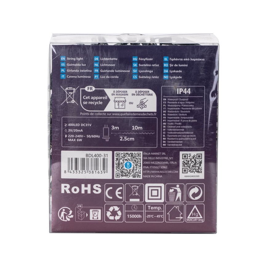 Aigostar - LED vanjski božićni niz 400xLED/8 funkcija 13m IP44 hladno bijela