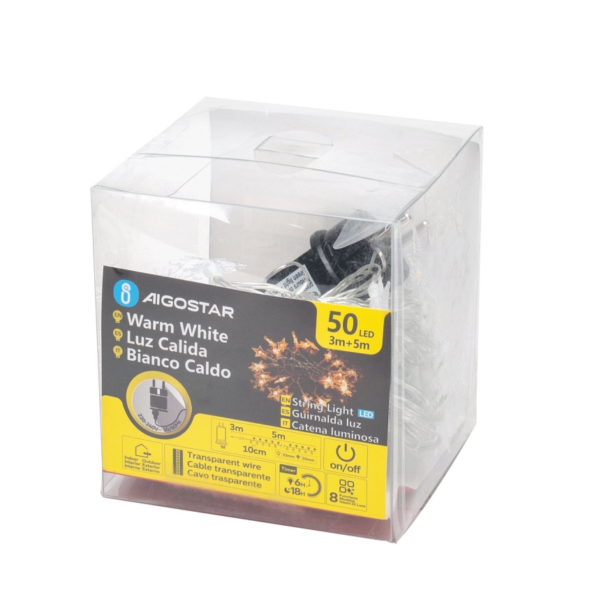 Aigostar - LED vanjski božićni niz, 50 LED, 8 funkcija, 8 m, IP44, topla bijela