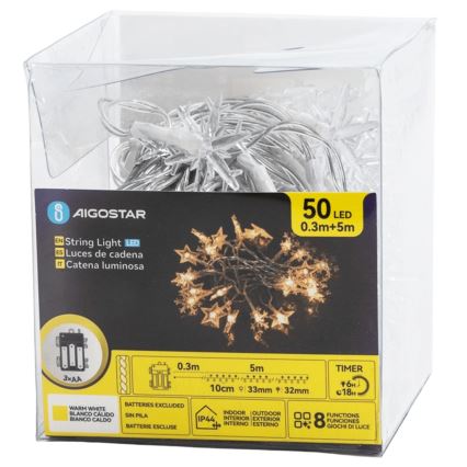 Aigostar - LED vanjski niz, 50 LED, 8 funkcija, 3xAA, 5 m, IP44, topla bijela, zvjezdice