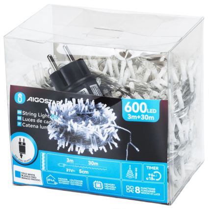Aigostar - LED vanjski božićni niz 600xLED/8 funkcija 33m IP44 hladno bijela