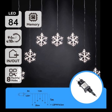Aigostar - LED vanjski božićni niz 84xLED/8 funkcija 1,2x1m IP44 hladno bijela pahuljice