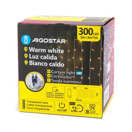 Aigostar - LED vanjski svjetlosni niz 300xLED/8 funkcija 3x1m IP44 topla bijela + daljinski upravljač