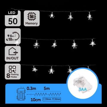 Aigostar - LED Vanjski božićni svjetlosni niz 50xLED/8 funkcija 3xAA 5 m IP44 hladno bijela