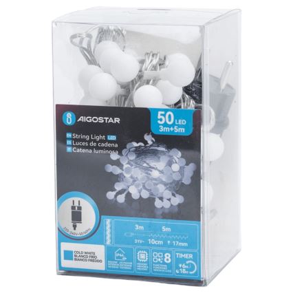 Aigostar - LED vanjska dekorativna girlanda 50xLED/8 funkcija 5 m IP44 hladno bijela