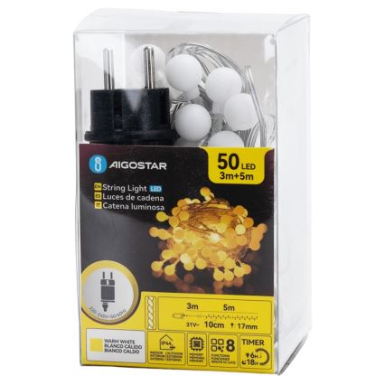 Aigostar - Vanjski dekorativni LED lanac, 50 LED, 8 funkcija, 5 m, IP44, topla bijela